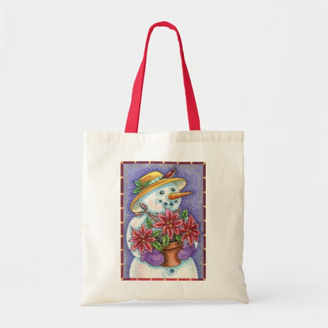 Cute Christmas Girl Snowman with Poinsettia Tote Bag (Front)