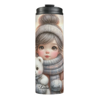 Cute Christmas Girl with Polar Teddy Bear, Thermo Thermal Tumbler