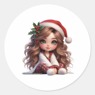 Cute Christmas Girl with Santa Hat Art Classic Round Sticker