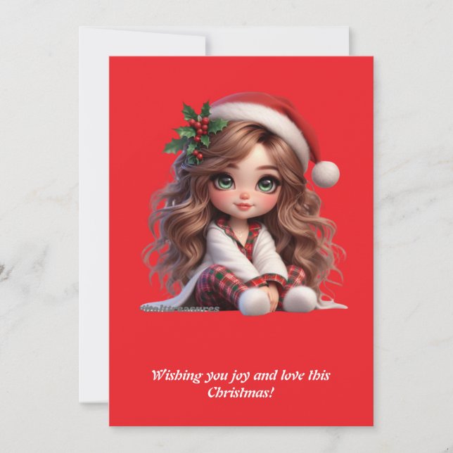 Cute Christmas Girl with Santa Hat Art Holiday Card (Front)