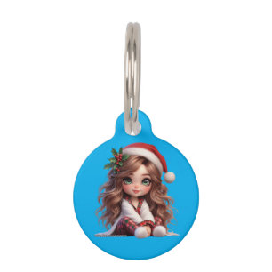 Cute Christmas Girl with Santa Hat Art Pet Tag