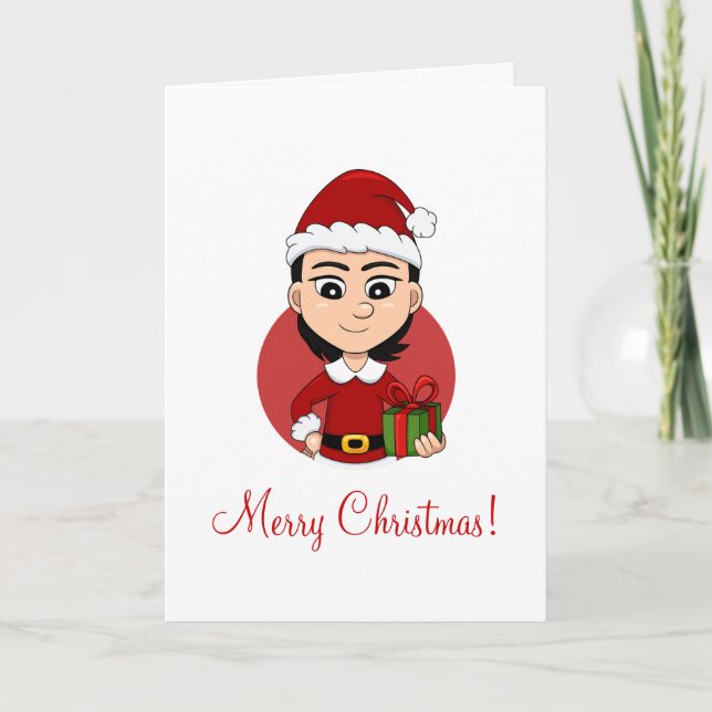 Cute Christmas girl with short black hair Holiday Card (Front)