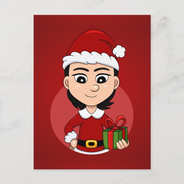 Cute Christmas girl with short black hair Holiday Postcard (Front)