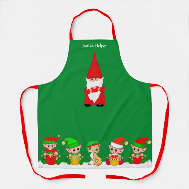 Cute Christmas Gnome and Elf Squad  on Green Apron (Front)