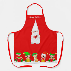 Cute Christmas Gnome and Elf Squad  on Red Apron