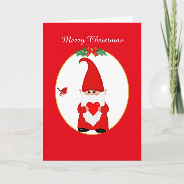 Cute Christmas Gnome  & Bird on Red & White Holiday Card (Front)