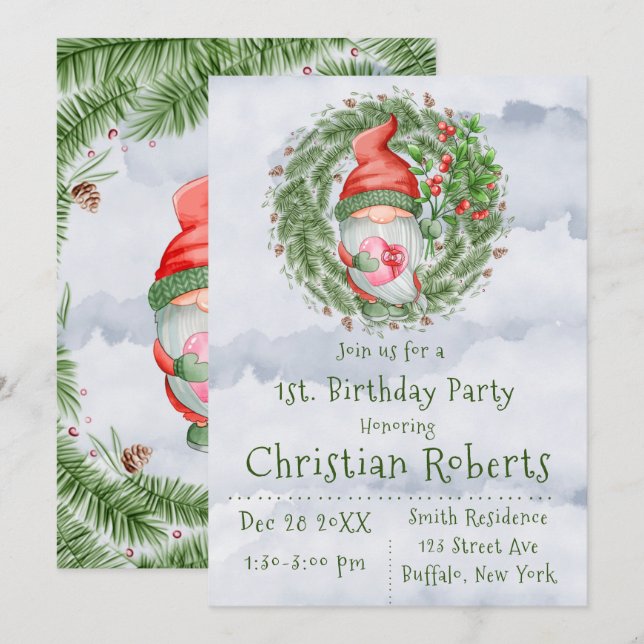 Cute Christmas Gnome Birthday Party Invitations  (Front/Back)