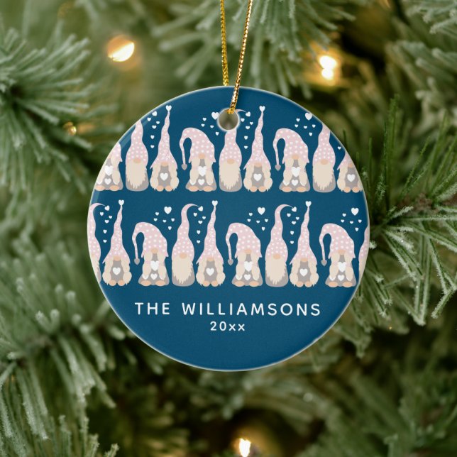 Cute Christmas Gnome Family Blue Personalised Ceramic Ornament (Tree)