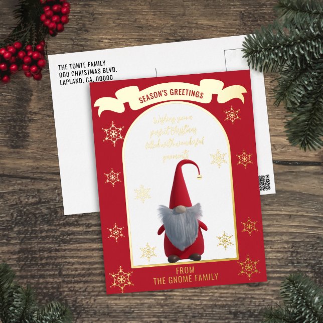 Cute Christmas Gnome Foil Holiday Postcard (Wishing you wonderful gnoments this Holiday Season. Just add your greeting and  family name)