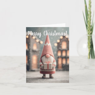 Cute Christmas Gnome Holding a Gift Box Holiday Card