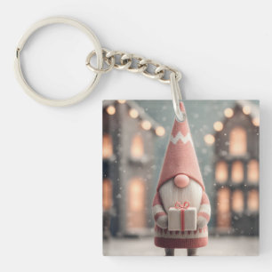 Cute Christmas Gnome Holding a Gift Box Key Ring
