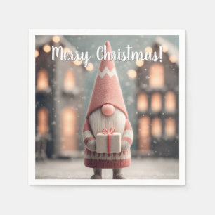Cute Christmas Gnome Holding a Gift Box Napkin