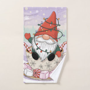 Cute Christmas Gnome in a Teacup Cartoon Hand Towel