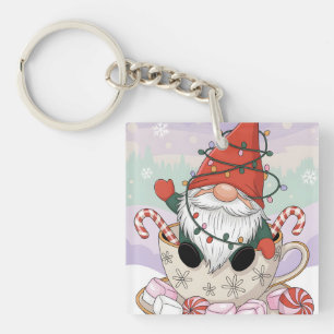 Cute Christmas Gnome in a Teacup Cartoon Key Ring