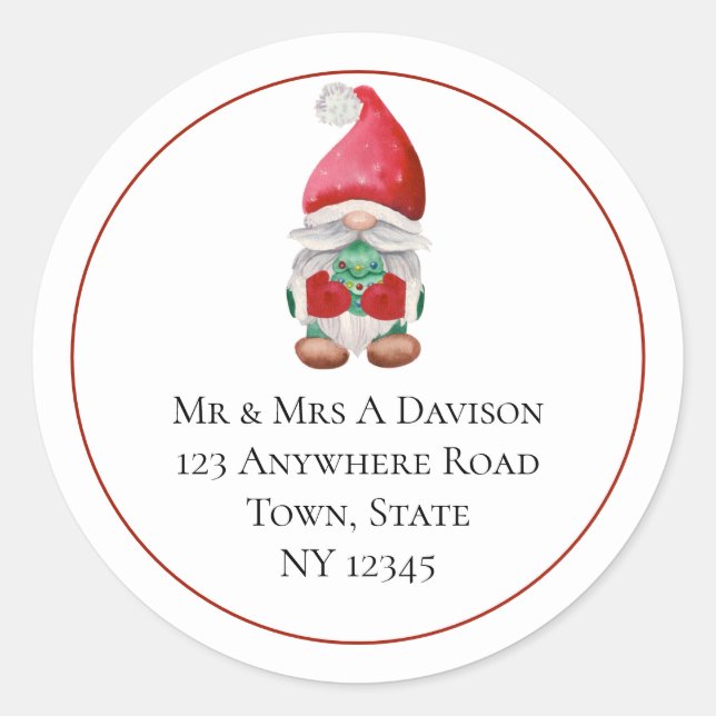 Cute Christmas Gnome Name Return Address  Classic  Round Sticker (Front)