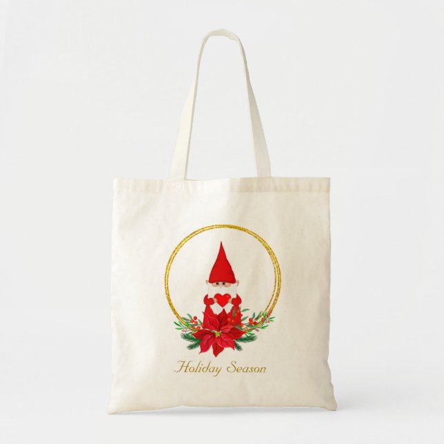 Cute Christmas Gnome on Golden Wreath Tote Bag (Front)