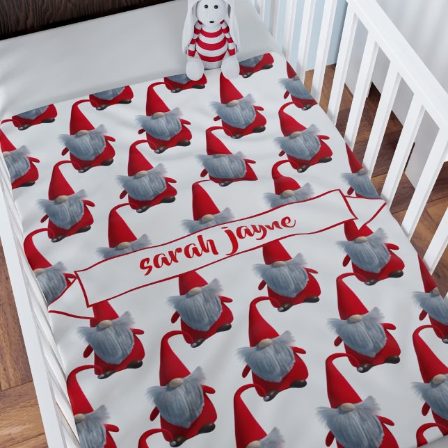 Cute Christmas Gnome Pattern Personalised Kids Sherpa Blanket (A cute Christmas gnome pattern festive sherpa blanket. Just add your name)