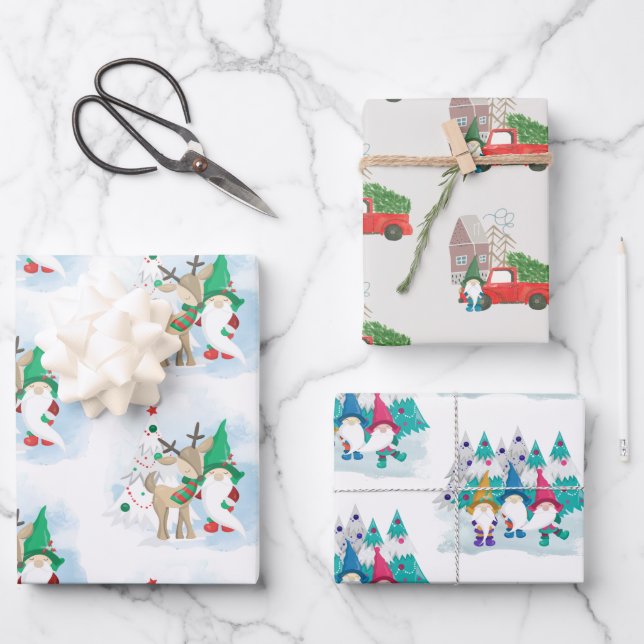 Cute Christmas Gnome Set of 3 Wrapping Paper Sheet (Front)