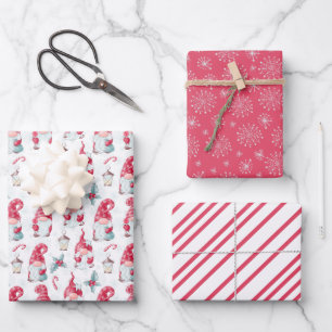 Cute Christmas Gnome Snowflakes Stripes Matching Wrapping Paper Sheet