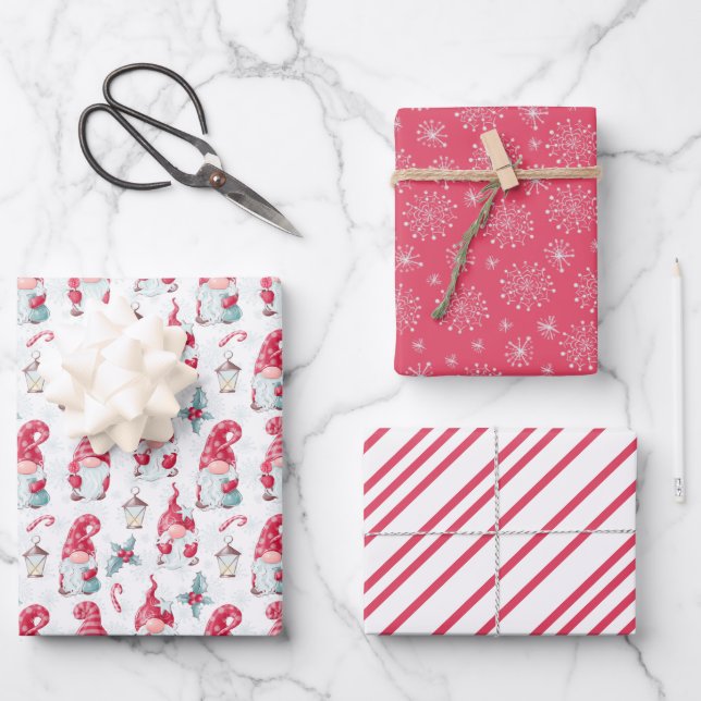 Cute Christmas Gnome Snowflakes Stripes Matching Wrapping Paper Sheet (Front)