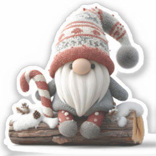 Cute Christmas Gnome with a Candy Cane on a Log