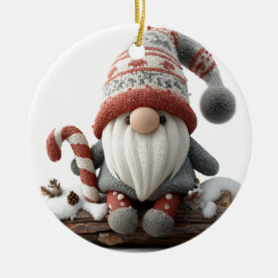 Cute Christmas Gnome with a Candy Cane on a Log Ceramic Ornament