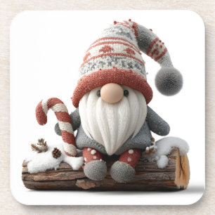 Cute Christmas Gnome with a Candy Cane on a Log Coaster