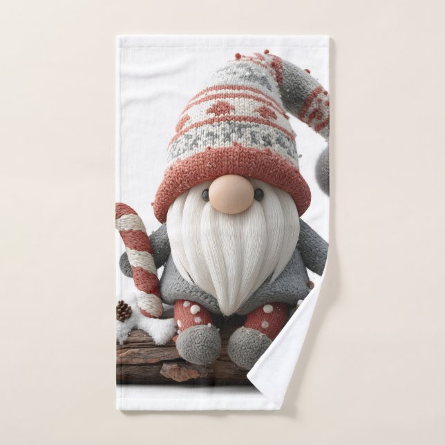 Cute Christmas Gnome with a Candy Cane on a Log Hand Towel (Hand Towel)
