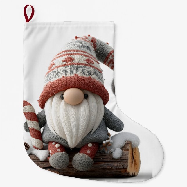 Cute Christmas Gnome with a Candy Cane on a Log Large Christmas Stocking (Front)