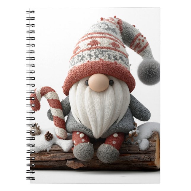 Cute Christmas Gnome with a Candy Cane on a Log Notebook (Front)