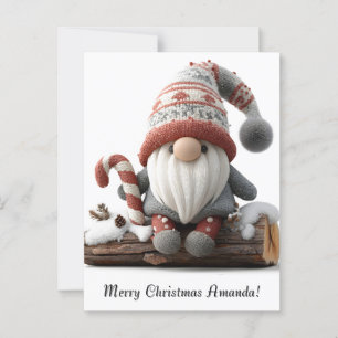 Cute Christmas Gnome with a Candy Cane on a Log Postcard