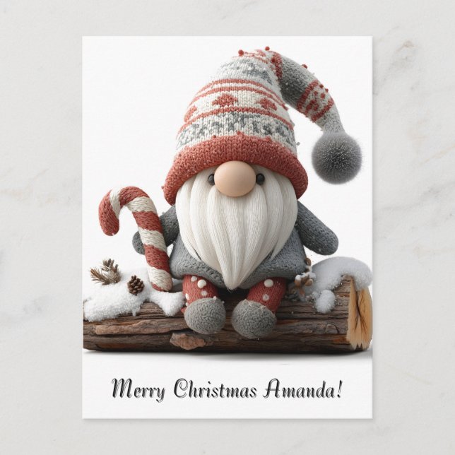 Cute Christmas Gnome with a Candy Cane on a Log Postcard (Front)