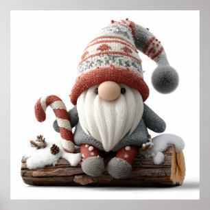 Cute Christmas Gnome with a Candy Cane on a Log Poster
