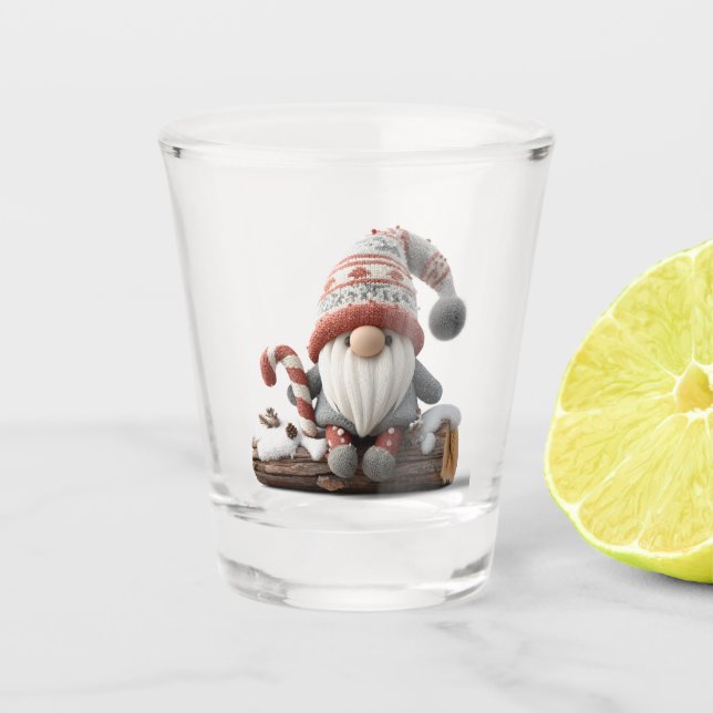 Cute Christmas Gnome with a Candy Cane on a Log Shot Glass (Front)