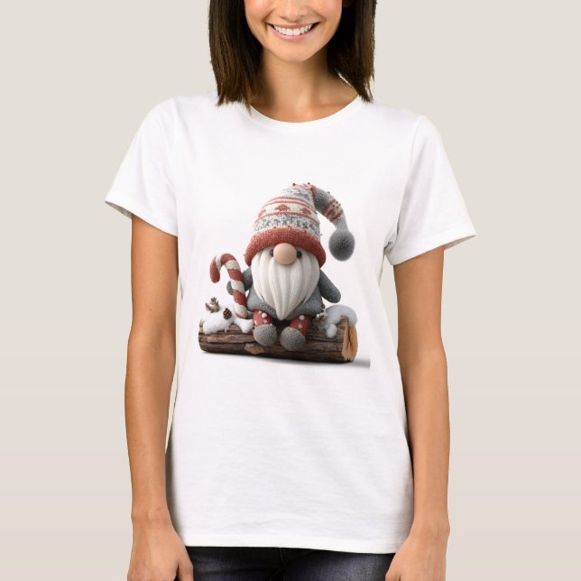 Cute Christmas Gnome with a Candy Cane on a Log T-Shirt (Front)