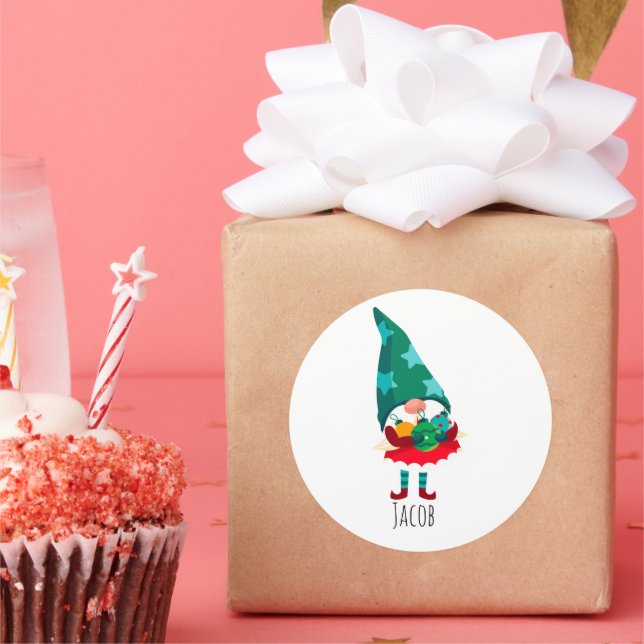 Cute Christmas Gnome with Christmas Ornaments Classic Round Sticker (Party)