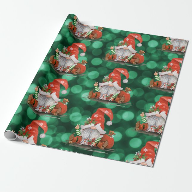 Cute Christmas Gnome Wrapping Paper (Unrolled)
