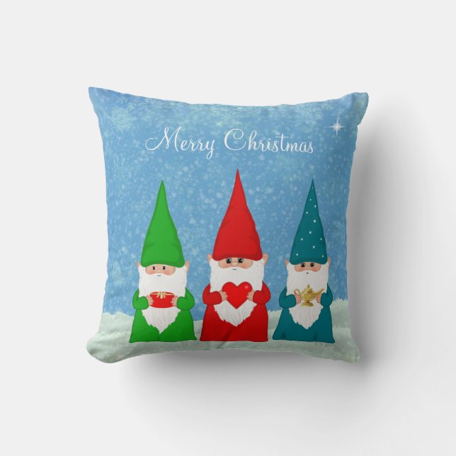 Cute Christmas Gnomes Dressed in Blue Red &  Green Cushion (Front)