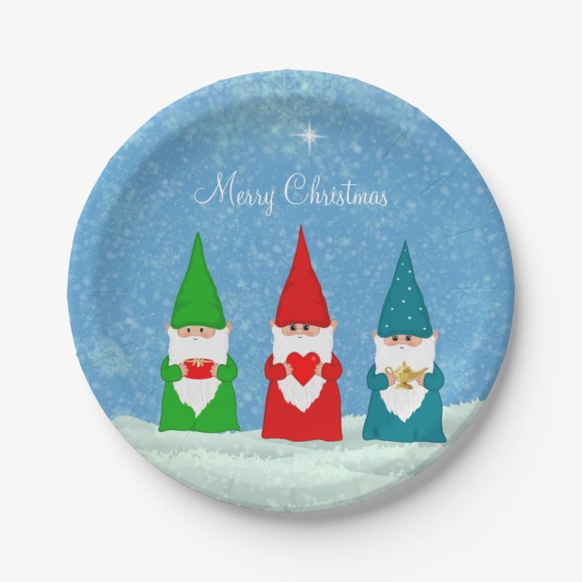 Cute Christmas Gnomes Dressed in Blue Red &  Green Paper Plate (Front)
