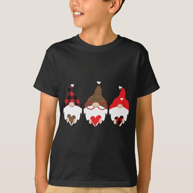 Cute Christmas Gnomes Heart Cheetah Buffalo Print  T-Shirt (Front)