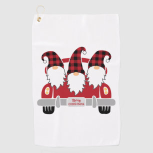 Cute Christmas gnomes in Plaid Hats and red truck Golf Towel