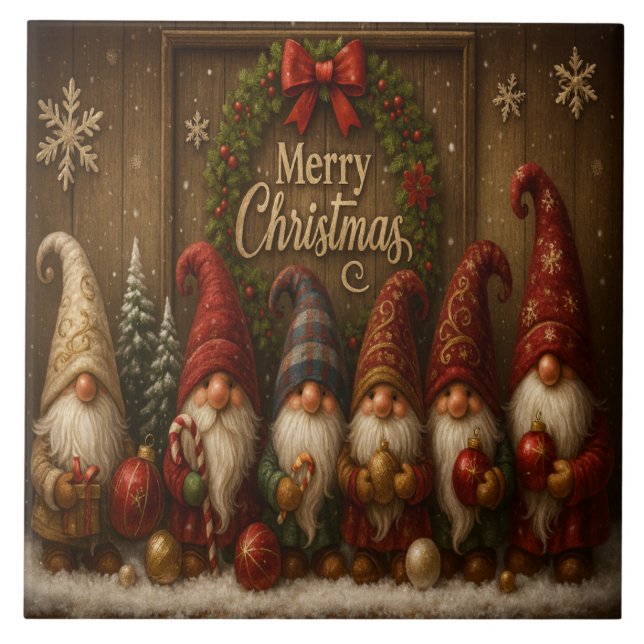 Cute Christmas Gnomes Merry Ceramic Tile (Front)