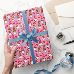 Cute Christmas Gnomes, Red Heart Pink Wrapping Paper
