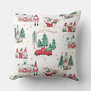 Cute Christmas Gnomes Red Truck Forest Trees Holly Cushion