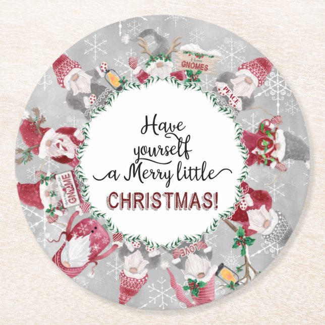 Cute Christmas Gnomes Santa Hats Holly Red Grey Round Paper Coaster (Front)