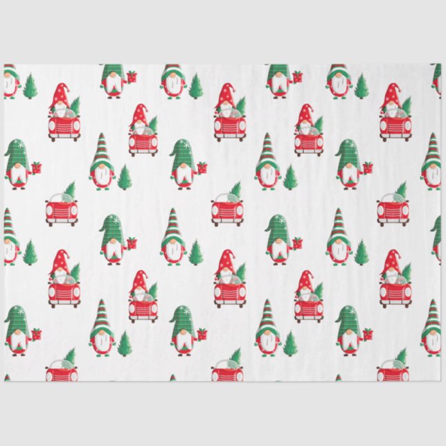 Cute Christmas Gnomes Tree on Red Car Tissue Paper (Front)