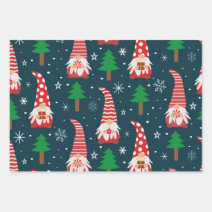 Cute Christmas Gnomes with trees and snowflakes  Wrapping Paper Sheet