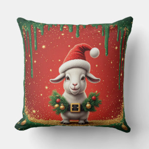 Cute Christmas Goat in Santa Hat Festive Design Cushion