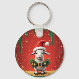 Cute Christmas Goat in Santa Hat Festive Design Key Ring