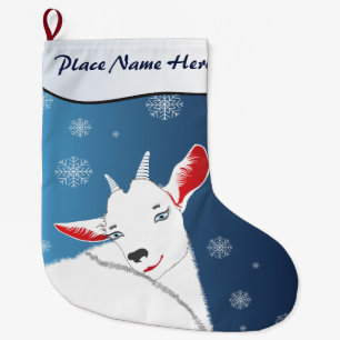 Cute Christmas Goat Midnight BlueYOUR NAME HERE Large Christmas Stocking